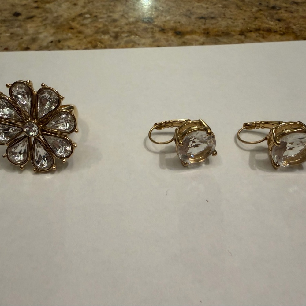 Kate Spade Gold-Tone Clear Crystal Flower Ring with Matching Drop Earrings - Picture 2 of 4